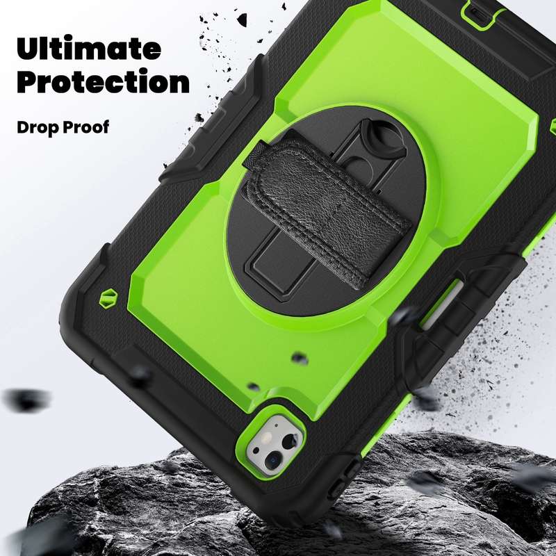 For iPad Pro 11 2024 Silicone Hybrid PC Tablet Case with Shoulder Strap(Yellow Green + Black)