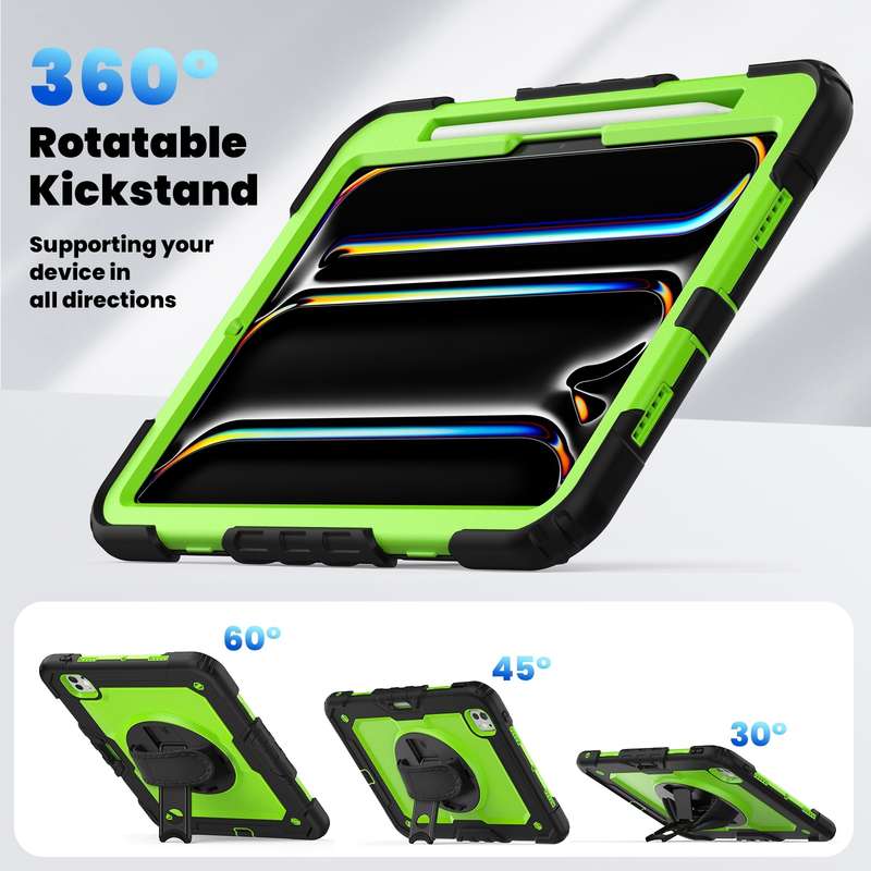 For iPad Pro 11 2024 Silicone Hybrid PC Tablet Case with Shoulder Strap(Yellow Green + Black)