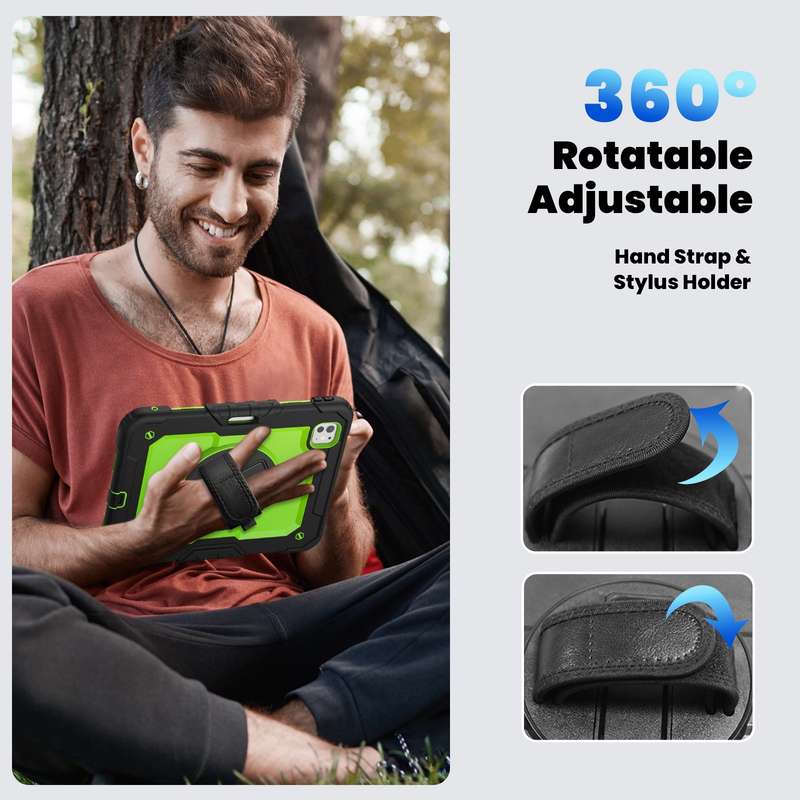 For iPad Pro 11 2024 Silicone Hybrid PC Tablet Case with Shoulder Strap(Yellow Green + Black)