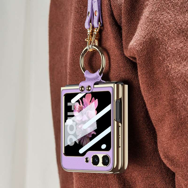 For Samsung Galaxy Z Flip6 GKK Integrated Electroplating Leather Phone Case with Ring/Strap(Bla