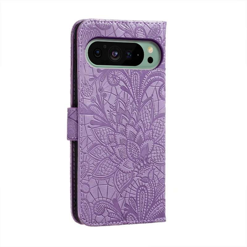 For Google Pixel 9 Lace Flower Embossing Flip Leather Phone Case(Purple)