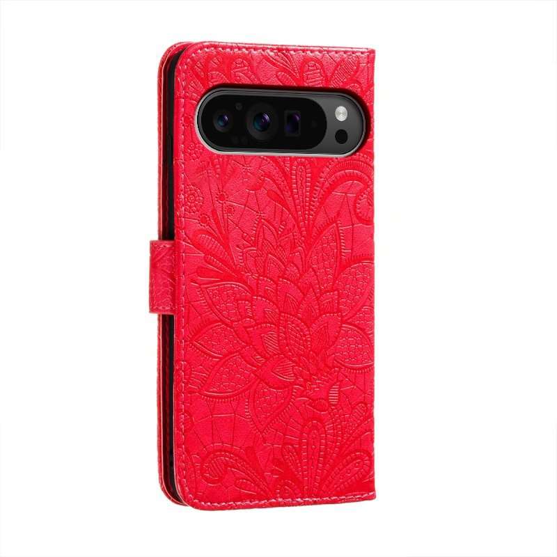 For Google Pixel 9 Pro Lace Flower Embossing Flip Leather Phone Case(Red)