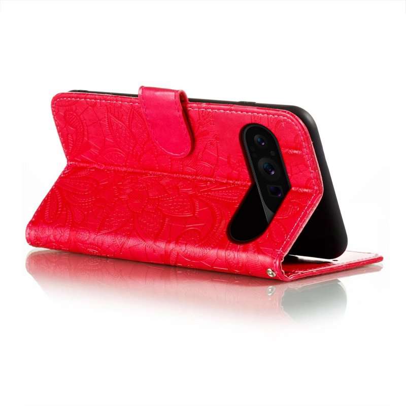 For Google Pixel 9 Pro Lace Flower Embossing Flip Leather Phone Case(Red)