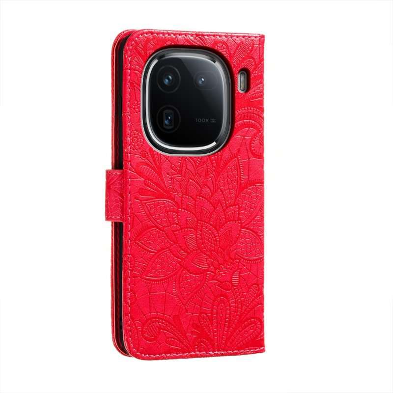 For vivo iQOO 12 Pro Lace Flower Embossing Flip Leather Phone Case(Red)