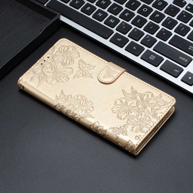 For Motorola Moto E6 Plus Cherry Blossom Butterfly Skin Feel Embossed PU Phone Case(Gold)