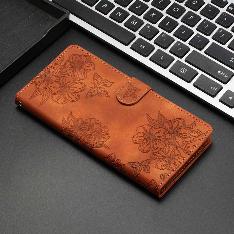 For Xiaomi 11T / 11T Pro Cherry Blossom Butterfly Skin Feel Embossed PU Phone Case(Brown)