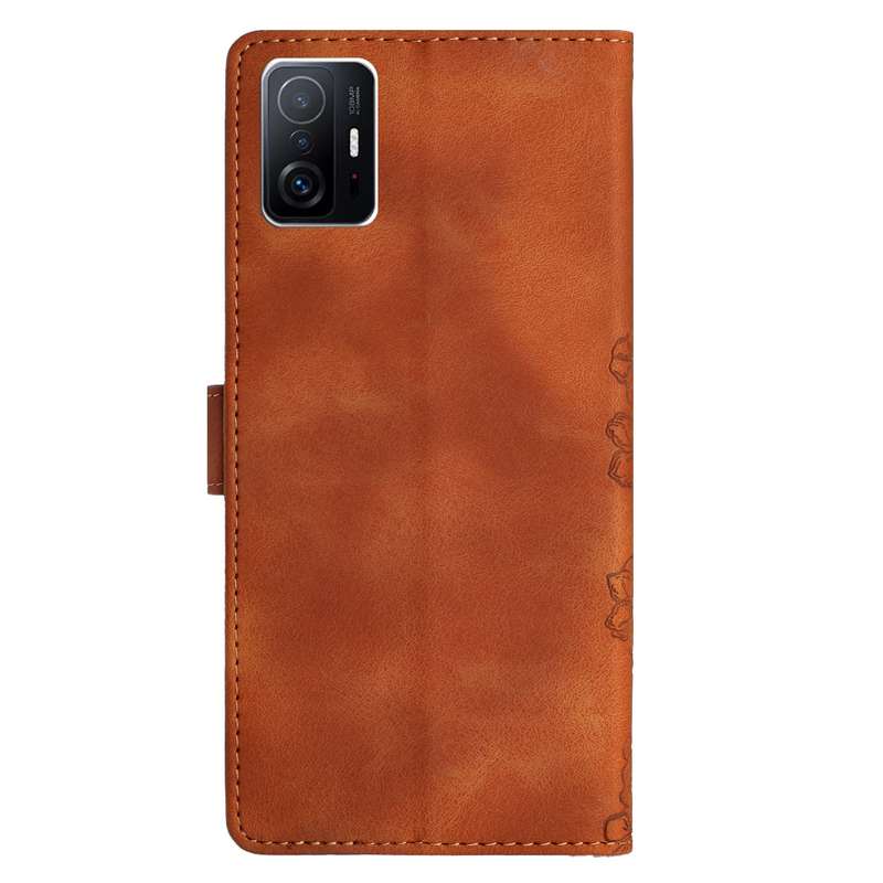 For Xiaomi 11T / 11T Pro Cherry Blossom Butterfly Skin Feel Embossed PU Phone Case(Brown)