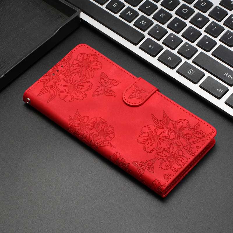For Xiaomi 12 Pro Cherry Blossom Butterfly Skin Feel Embossed PU Phone Case(Red)