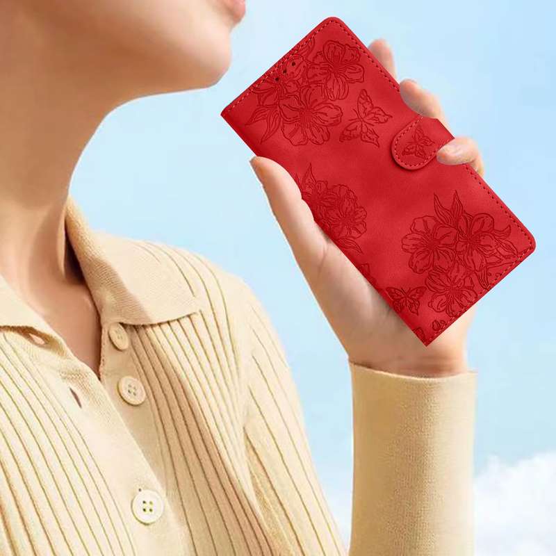 For Xiaomi 12 Pro Cherry Blossom Butterfly Skin Feel Embossed PU Phone Case(Red)