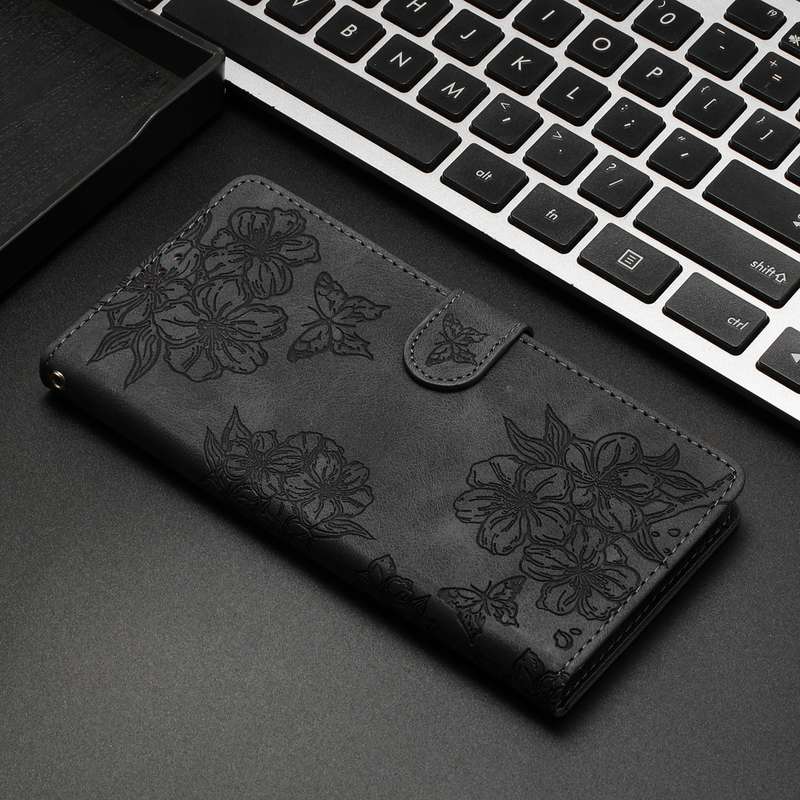 For OPPO A18 / A38 Cherry Blossom Butterfly Skin Feel Embossed PU Phone Case(Black)