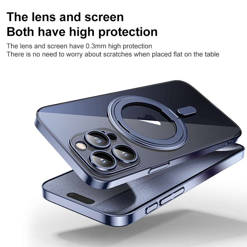 For iPhone 14 Plus Plating PC 360 Ring Holder Magsafe Phone Case(Transparent)