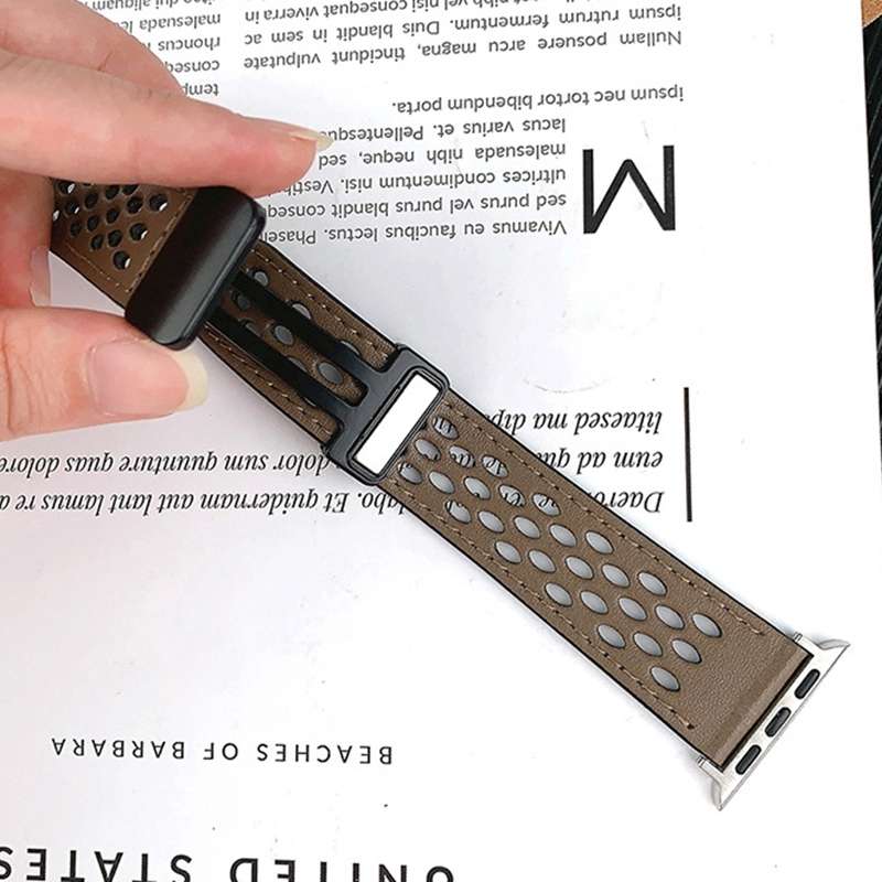 For Apple Watch Series 8 41mm Hole Style Folding Buckle PU Leather Watch Band(Black)