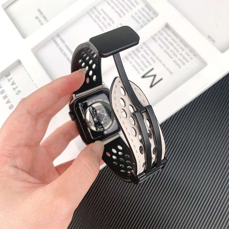 For Apple Watch Series 8 41mm Hole Style Folding Buckle PU Leather Watch Band(Black)