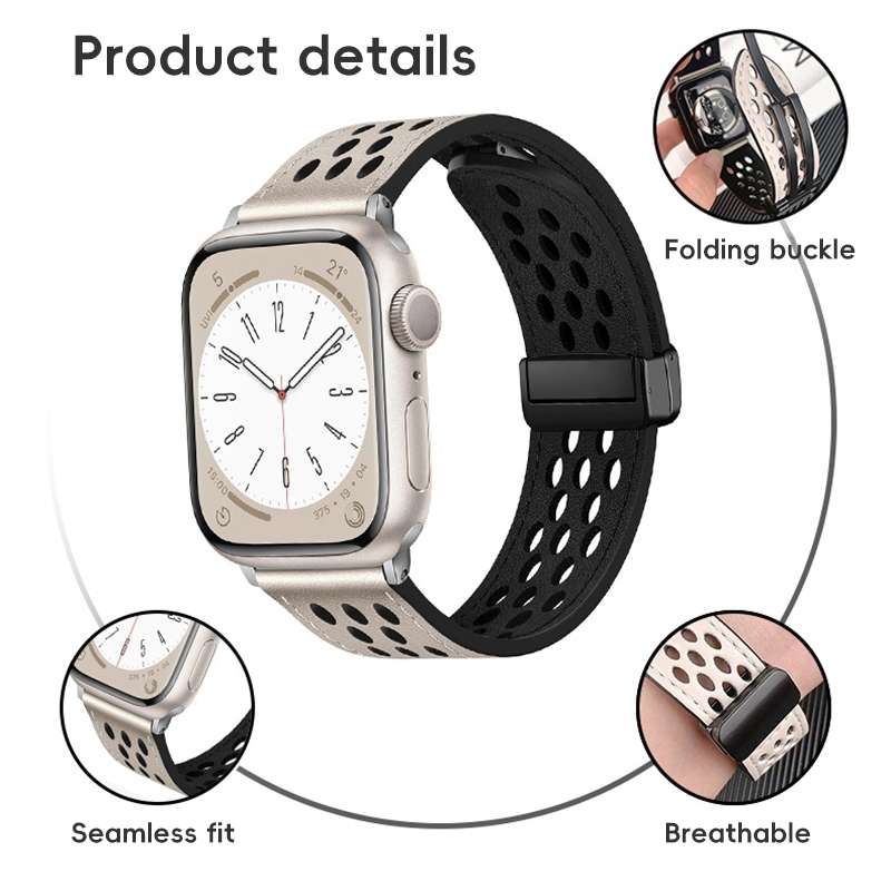 For Apple Watch Series 8 41mm Hole Style Folding Buckle PU Leather Watch Band(Black)