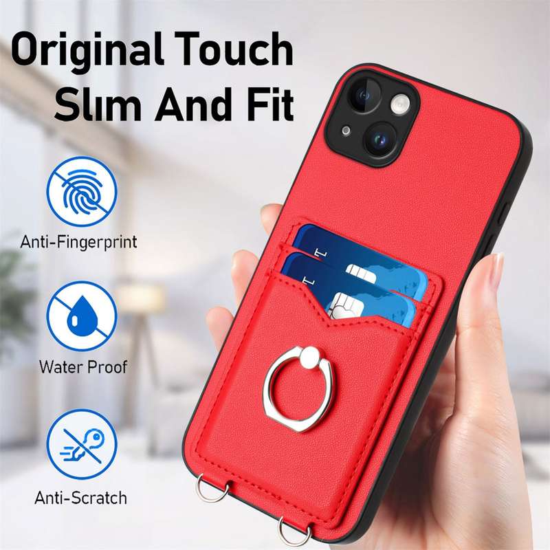 For iPhone 15 Plus R20 Crossbody Rope Ring Card Holder Phone Case(Red)