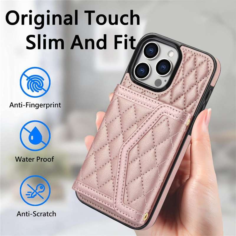 For iPhone 12 / 12 Pro Splicing Rhombic Texture Card Bag Phone Case with Long Lanyard(Rose Gold