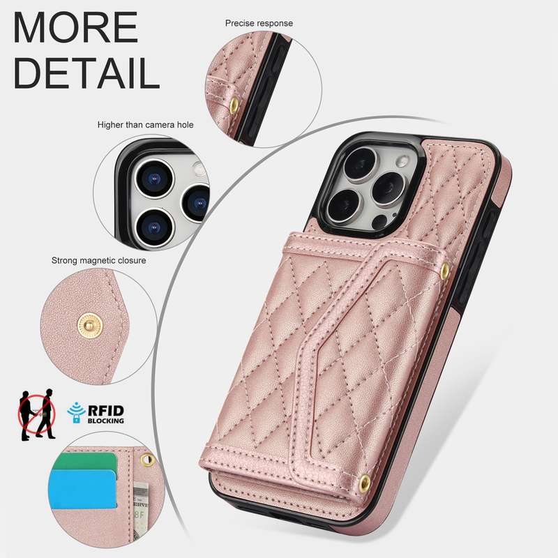 For iPhone 12 / 12 Pro Splicing Rhombic Texture Card Bag Phone Case with Long Lanyard(Rose Gold