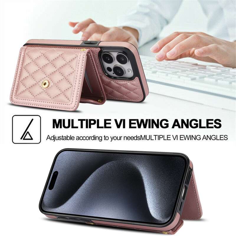 For iPhone 12 / 12 Pro Splicing Rhombic Texture Card Bag Phone Case with Long Lanyard(Rose Gold