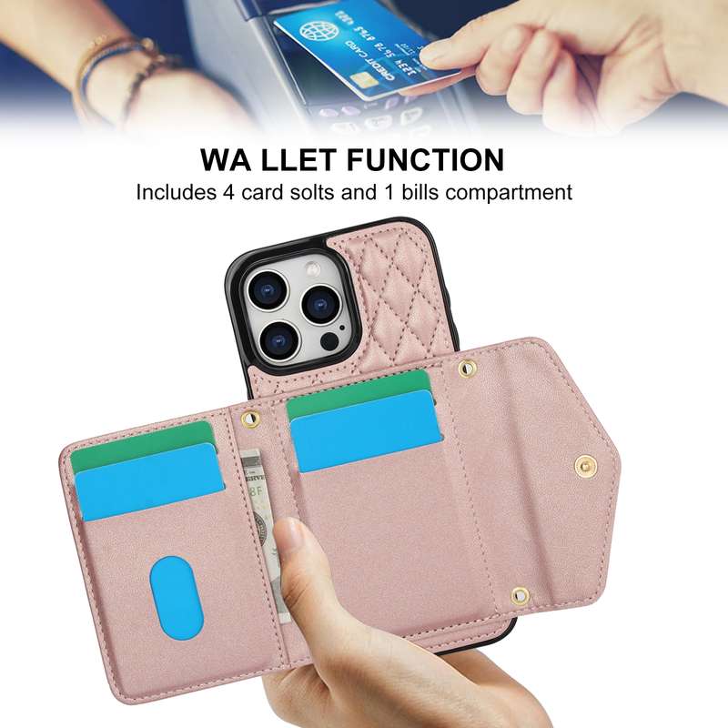 For iPhone 12 / 12 Pro Splicing Rhombic Texture Card Bag Phone Case with Long Lanyard(Rose Gold