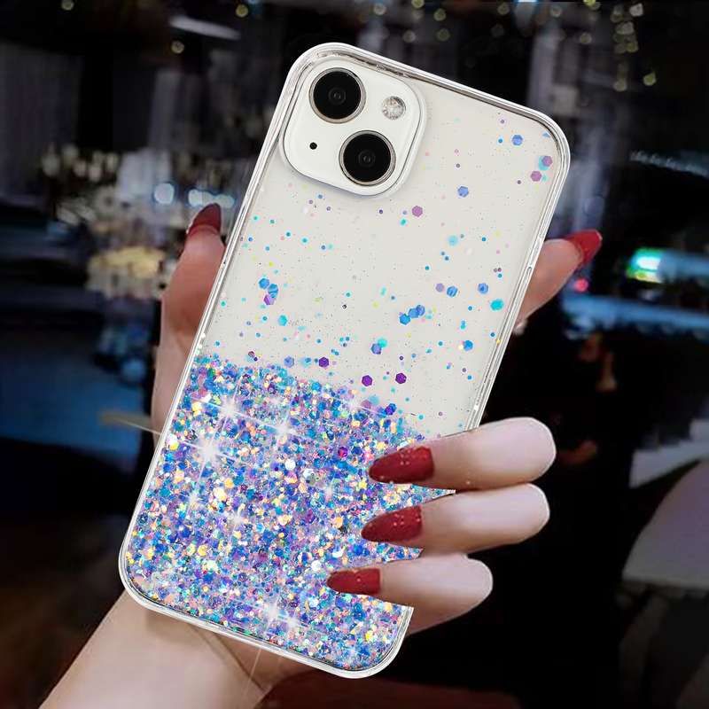 For iPhone 14 Transparent Frame Noctilucent Glitter Powder TPU Phone Case(Purple)