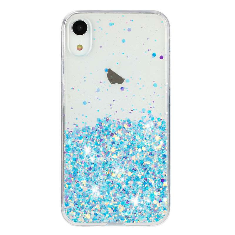 For iPhone XR Transparent Frame Noctilucent Glitter Powder TPU Phone Case(Blue)