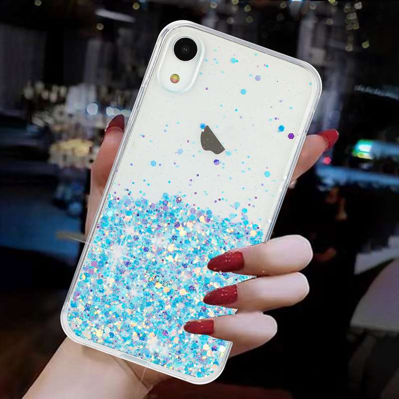 For iPhone XR Transparent Frame Noctilucent Glitter Powder TPU Phone Case(Blue)