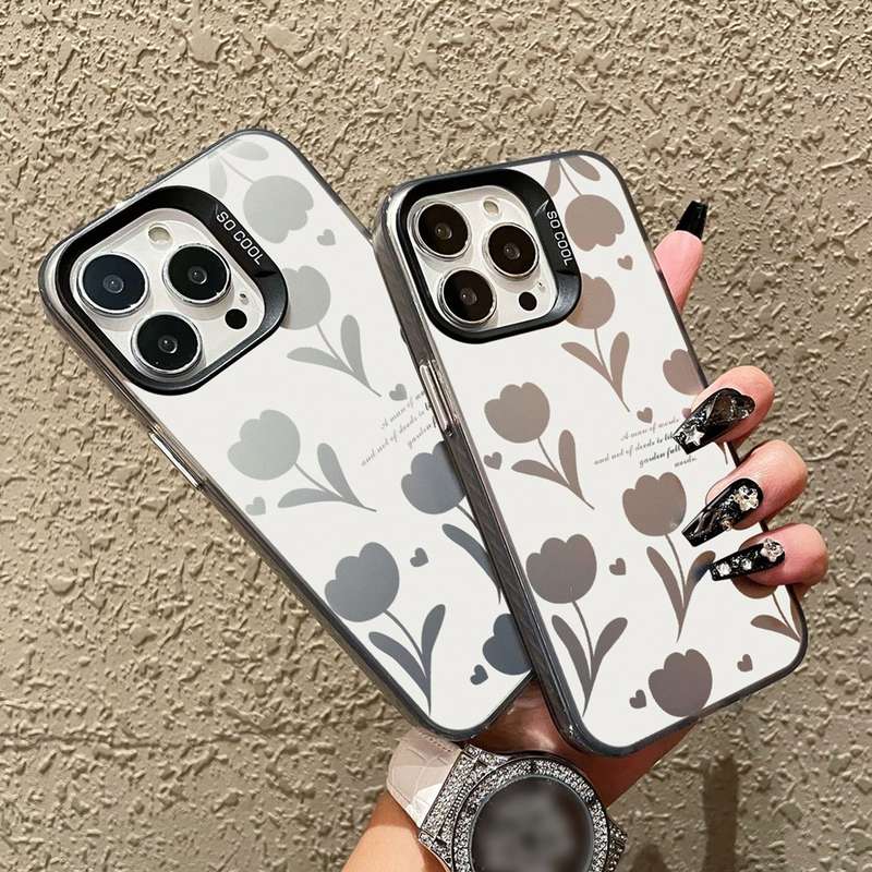 For iPhone 13 Silver Painting PC Hybrid TPU Phone Case(Hollow Tulips Black)