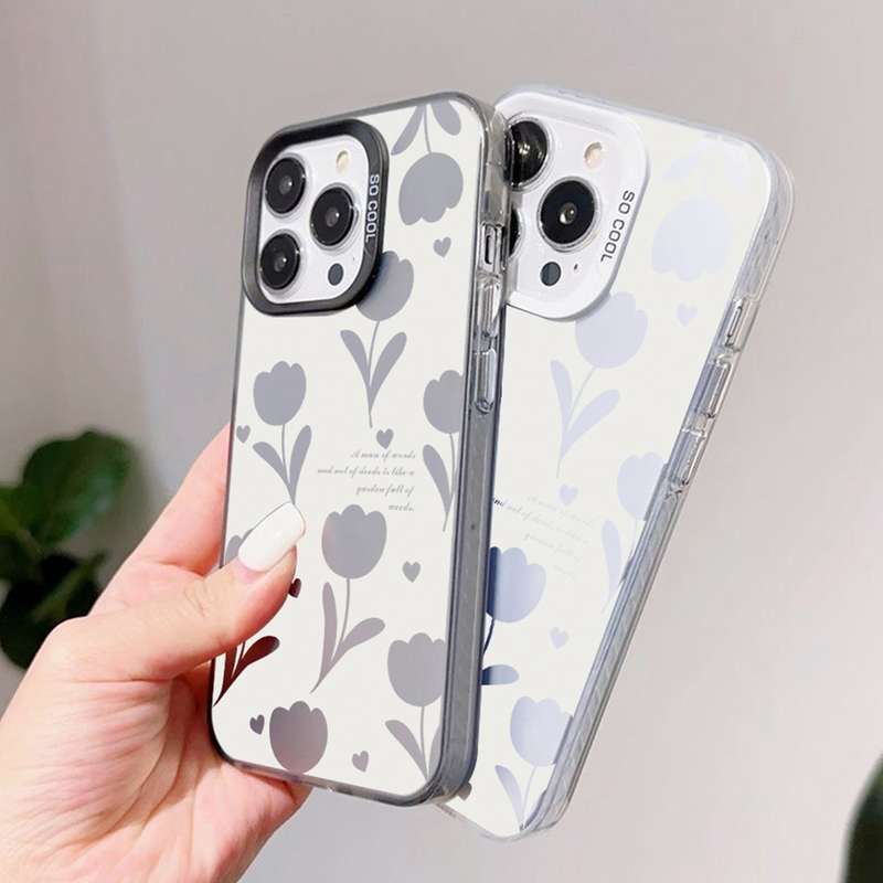 For iPhone 13 Silver Painting PC Hybrid TPU Phone Case(Hollow Tulips Black)