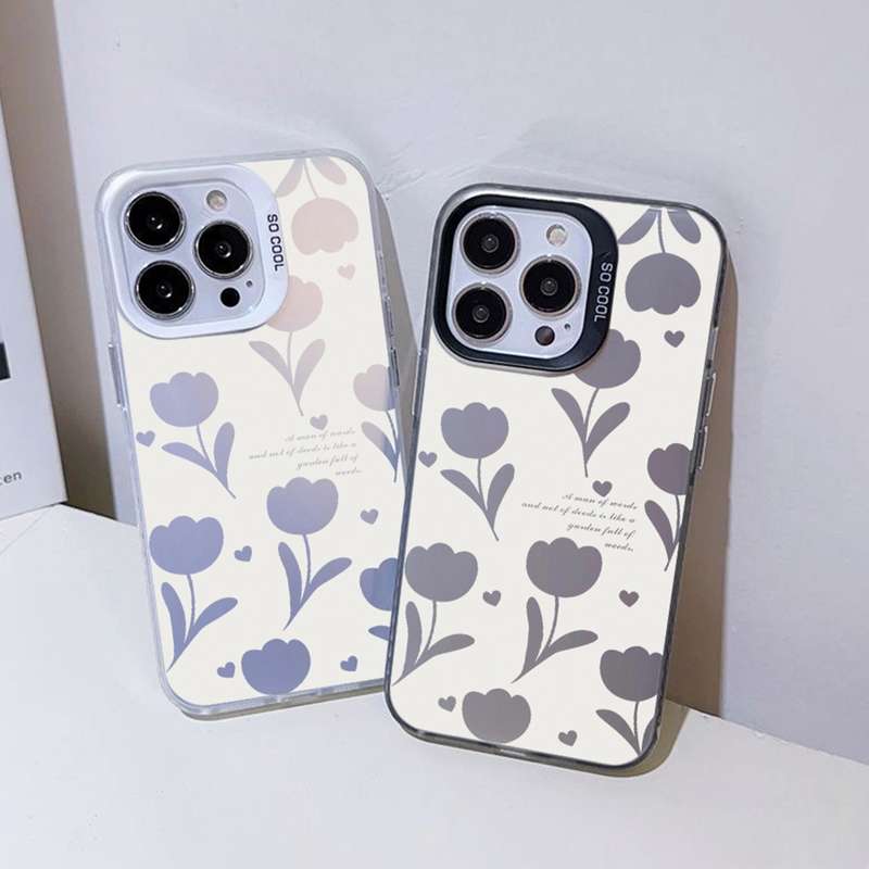 For iPhone 13 Silver Painting PC Hybrid TPU Phone Case(Hollow Tulips Black)
