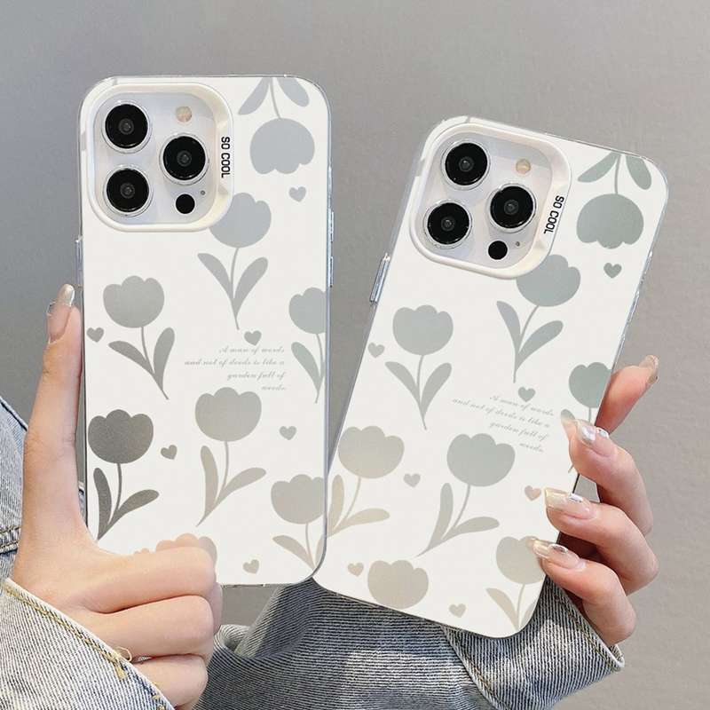 For iPhone 13 Silver Painting PC Hybrid TPU Phone Case(Hollow Tulips White)
