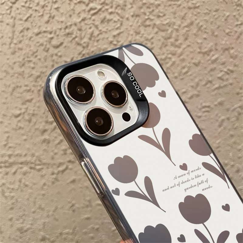 For iPhone 13 Silver Painting PC Hybrid TPU Phone Case(Hollow Tulips White)
