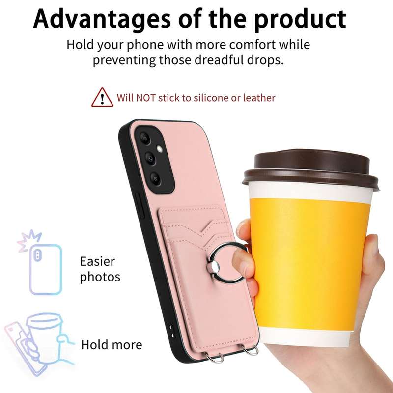 For Samsung Galaxy A14 5G R20 Crossbody Rope Ring Card Holder Phone Case(Pink)