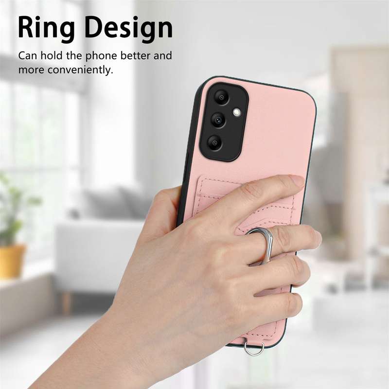 For Samsung Galaxy A14 5G R20 Crossbody Rope Ring Card Holder Phone Case(Pink)