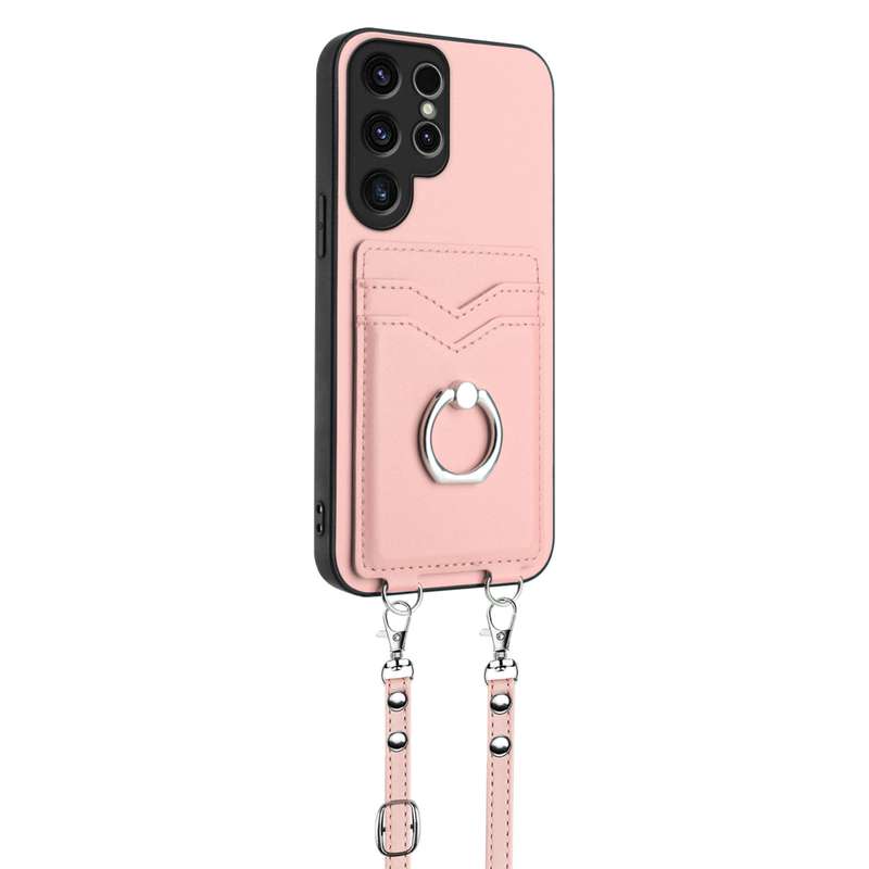 For Samsung Galaxy S22 Ultra 5G R20 Crossbody Rope Ring Card Holder Phone Case(Pink)