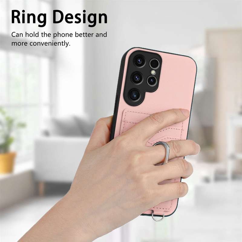 For Samsung Galaxy S22 Ultra 5G R20 Crossbody Rope Ring Card Holder Phone Case(Pink)