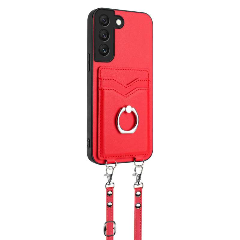 For Samsung Galaxy S22+ 5G R20 Crossbody Rope Ring Card Holder Phone Case(Red)