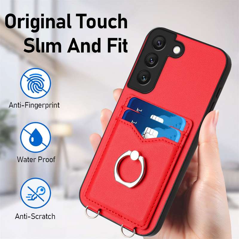 For Samsung Galaxy S22+ 5G R20 Crossbody Rope Ring Card Holder Phone Case(Red)