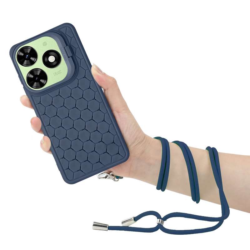 For Tecno Pop 8 Honeycomb Radiating Holder TPU Phone Case with Lanyard(Blue)