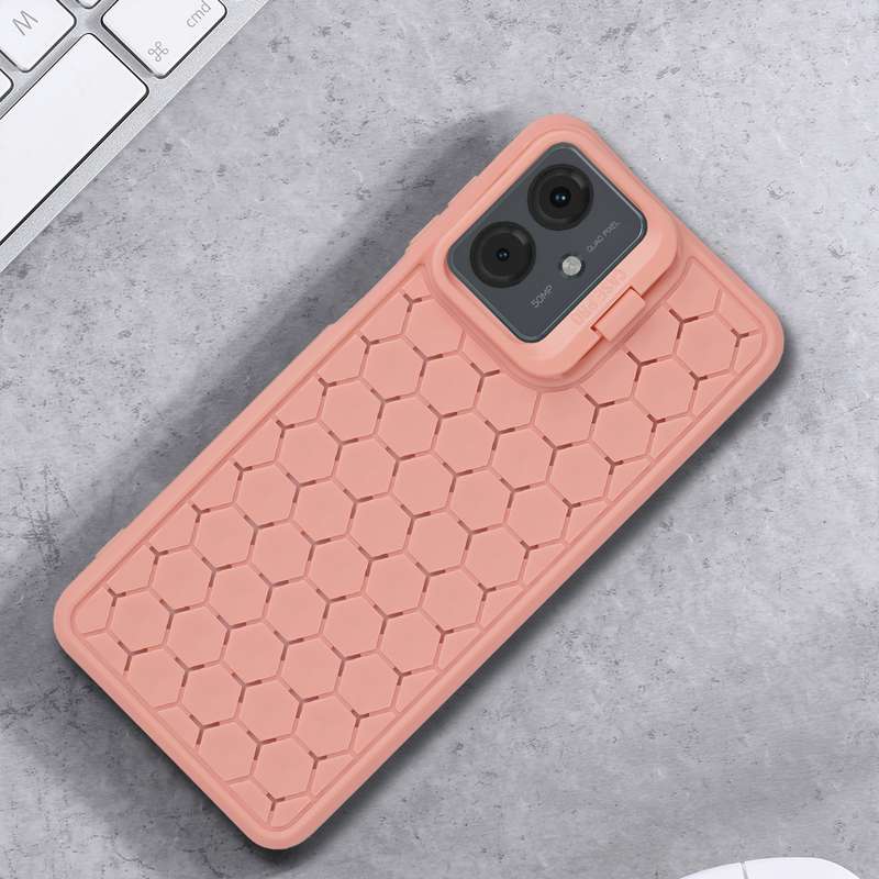 For Motorola Moto G14 Honeycomb Radiating Holder TPU Phone Case with Lanyard(Pink)