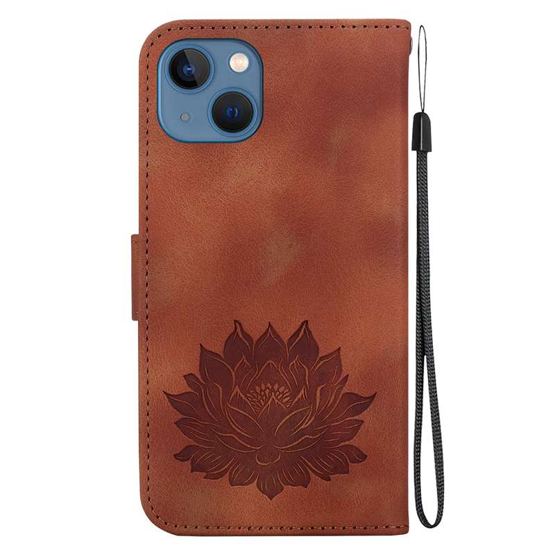 For iPhone 14 Lotus Embossed Leather Phone Case(Brown)
