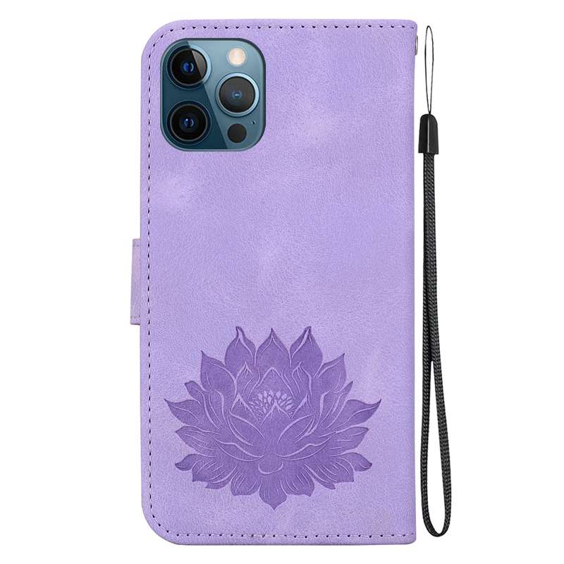 For iPhone 12 Pro Max Lotus Embossed Leather Phone Case(Purple)