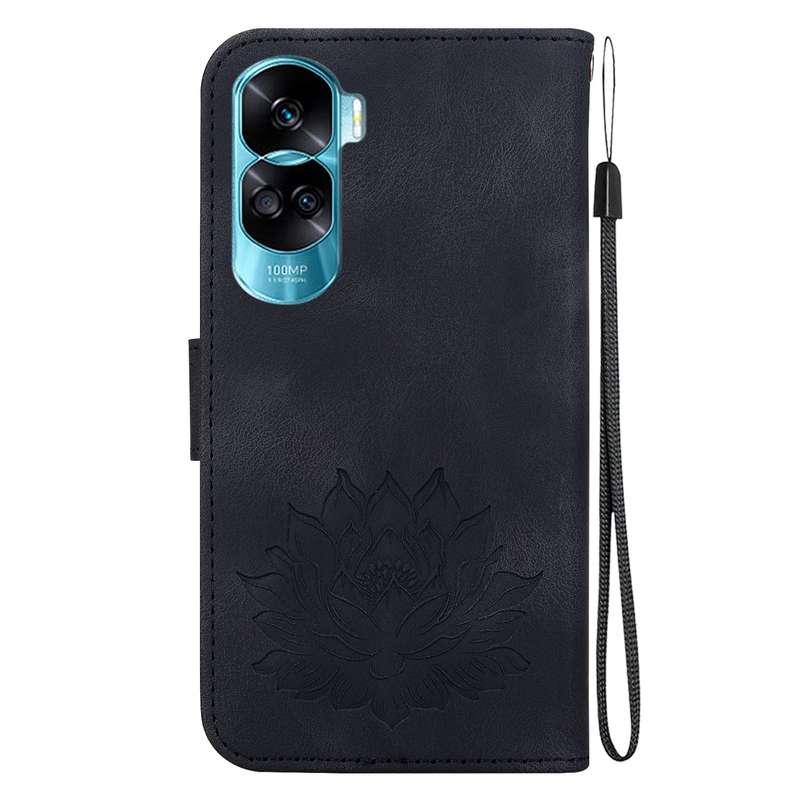 For Honor 90 Lite Lotus Embossed Leather Phone Case(Black)
