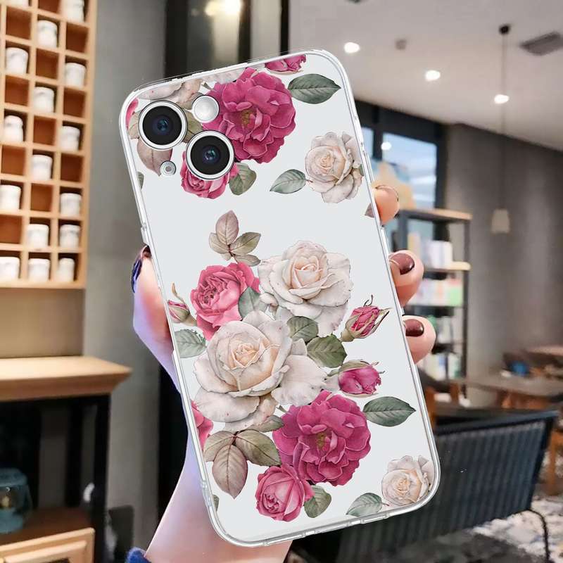 For iPhone 15 Plus Colored Drawing Pattern Transparent TPU Phone Case(Peony)