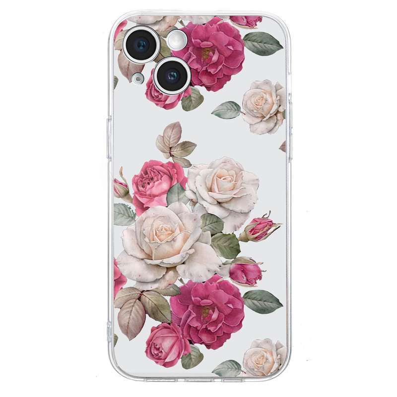 For iPhone 15 Plus Colored Drawing Pattern Transparent TPU Phone Case(Peony)