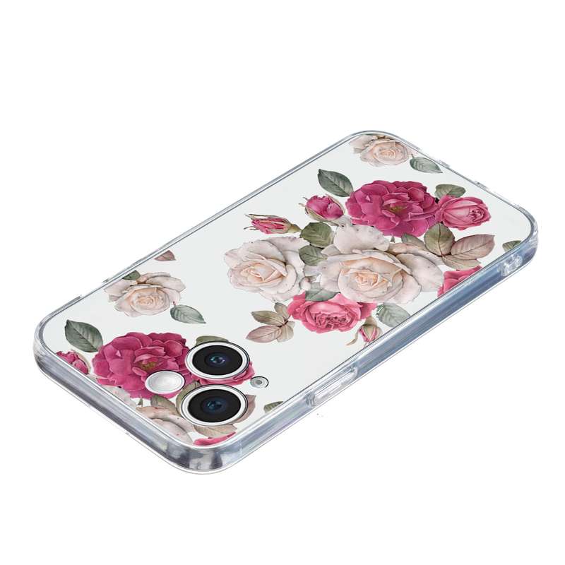 For iPhone 15 Plus Colored Drawing Pattern Transparent TPU Phone Case(Peony)