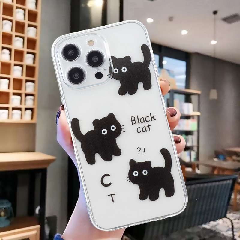 For iPhone 16 Pro Colored Drawing Pattern Transparent TPU Phone Case(Black Cat)