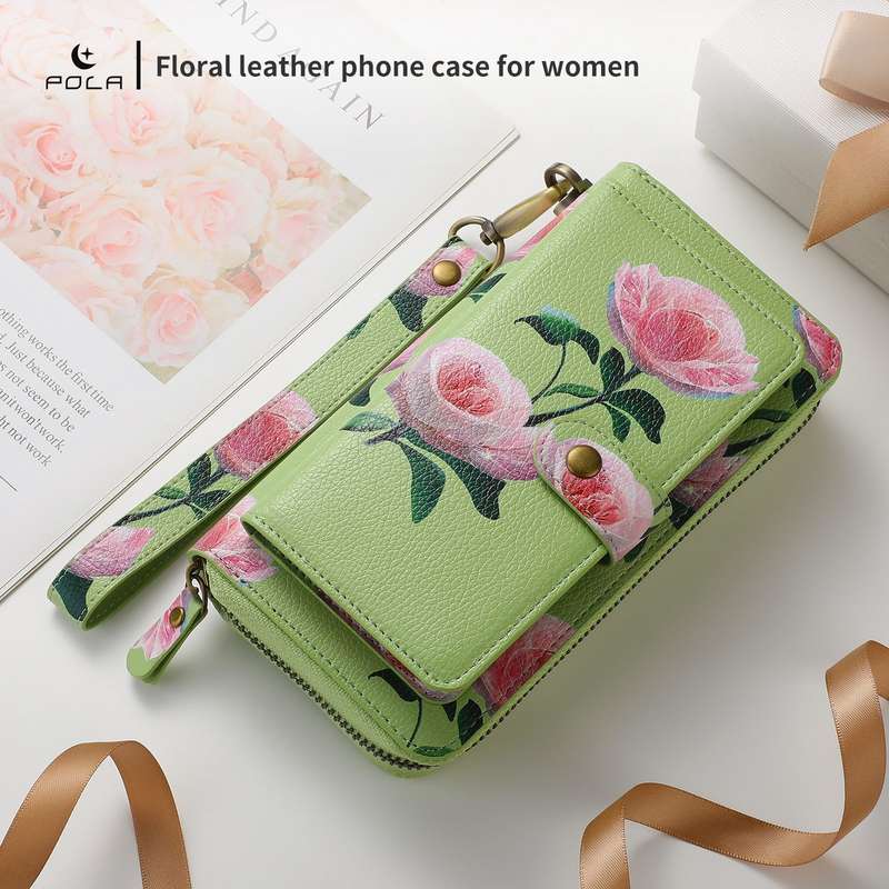 For iPhone 13 POLA MagSafe Flower Multi-functional Zipper Wallet Leather Phone Case(Green)
