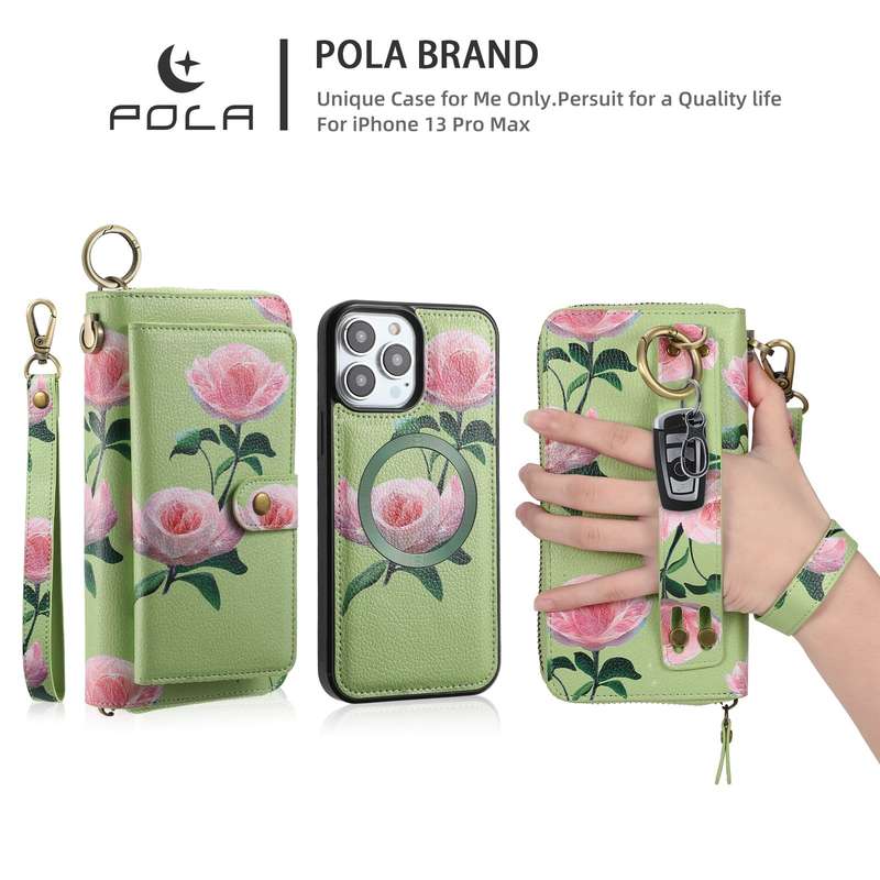 For iPhone 13 POLA MagSafe Flower Multi-functional Zipper Wallet Leather Phone Case(Green)
