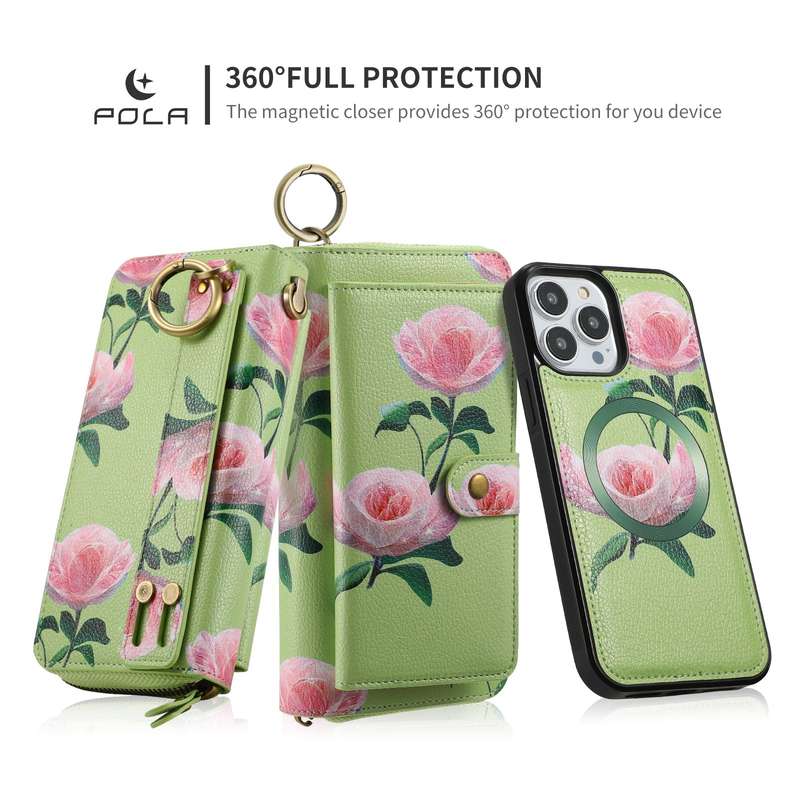 For iPhone 13 POLA MagSafe Flower Multi-functional Zipper Wallet Leather Phone Case(Green)