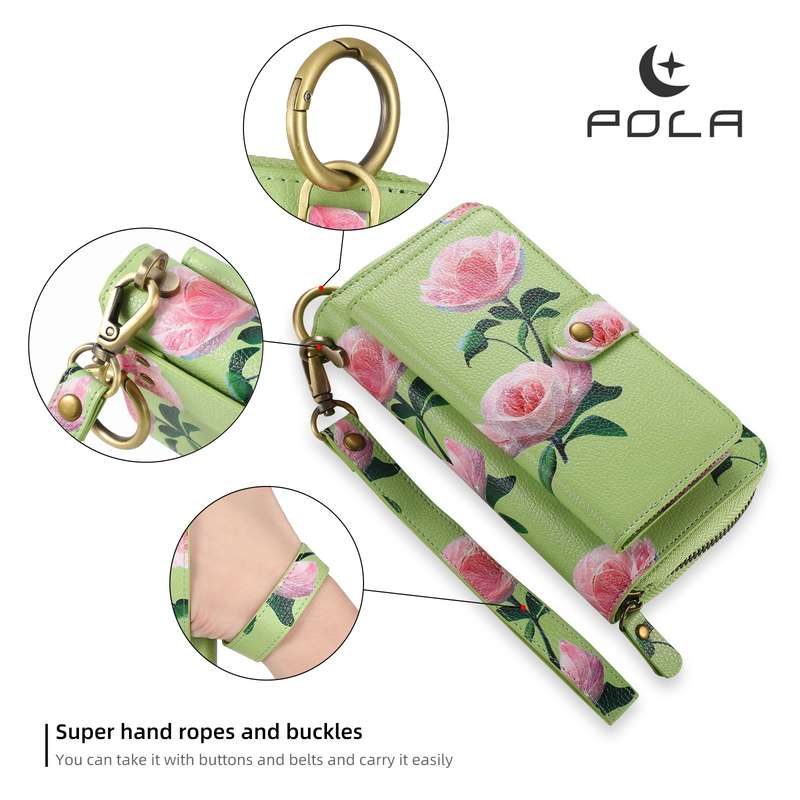 For iPhone 13 POLA MagSafe Flower Multi-functional Zipper Wallet Leather Phone Case(Green)